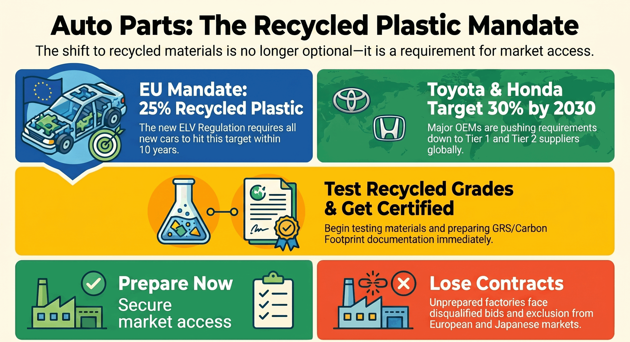 อัปเดตอุตสาหกรรมชิ้นส่วนยานยนต์ เมษายน 2569 : EU บังคับใช้ Recycled Plastic, Toyota ตั้งเป้าใช้ 30% และญี่ปุ่นกำหนด Action Plan — ซัพพลายเชนไทยเตรียมตัวอย่างไร?